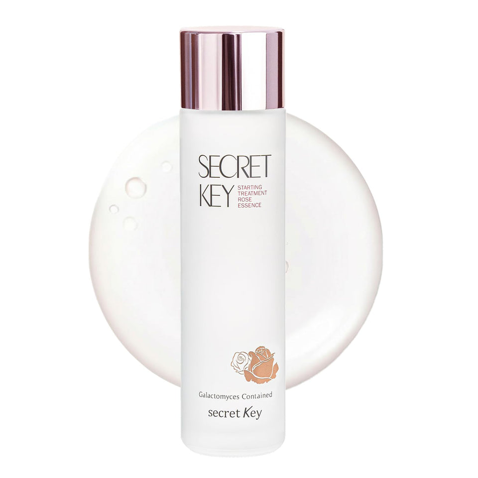 Secret Key Starting Rose Essence Toner bottle close-up showing hydrating glow.
