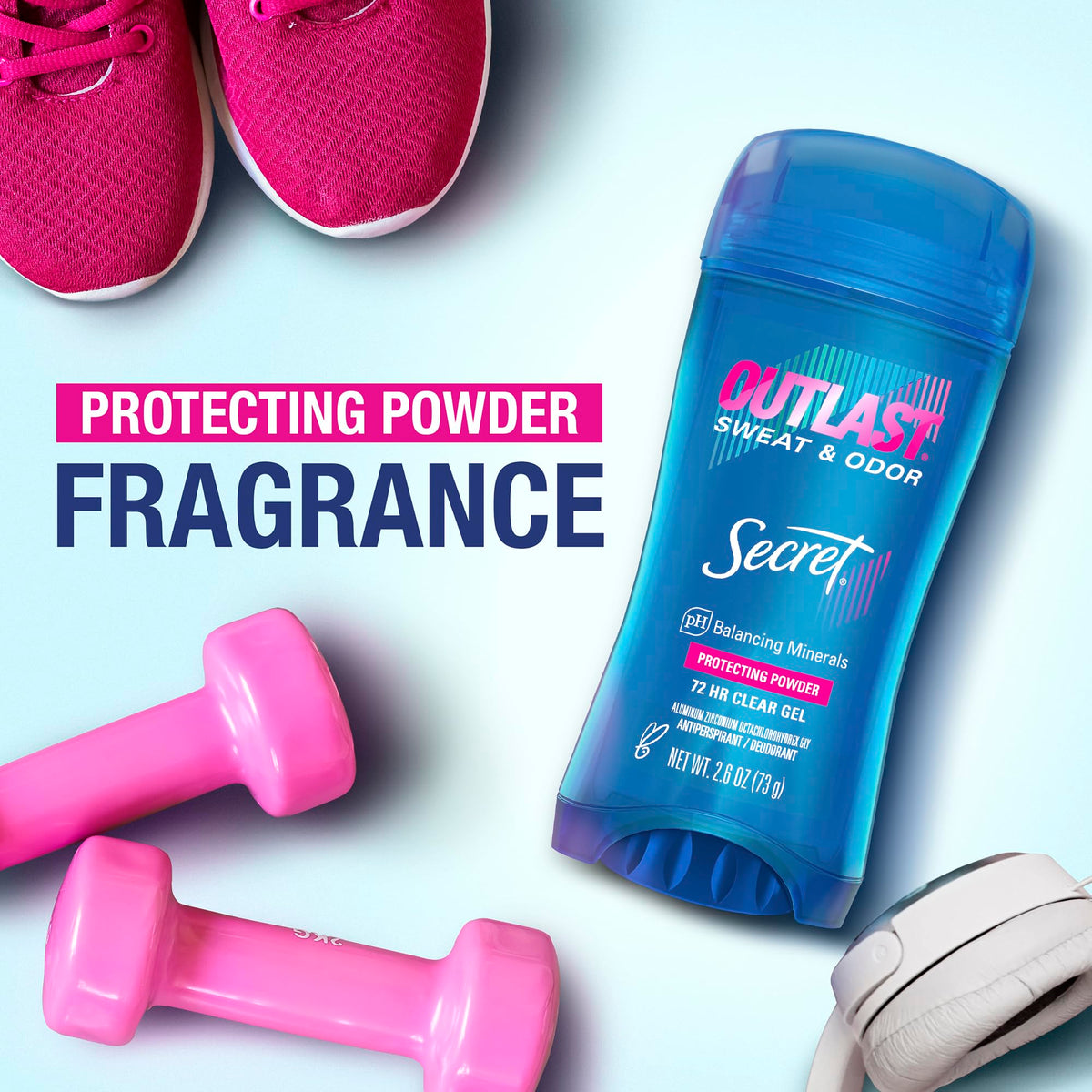 Secret Outlast 72-hour protection bottle illustrates long-lasting sweat and odor defense