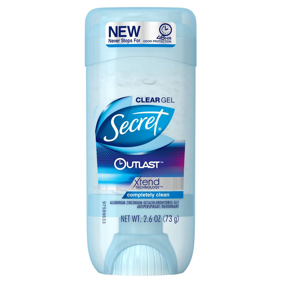 Secret Outlast clear gel four-pack front view, compact travel-friendly packaging.