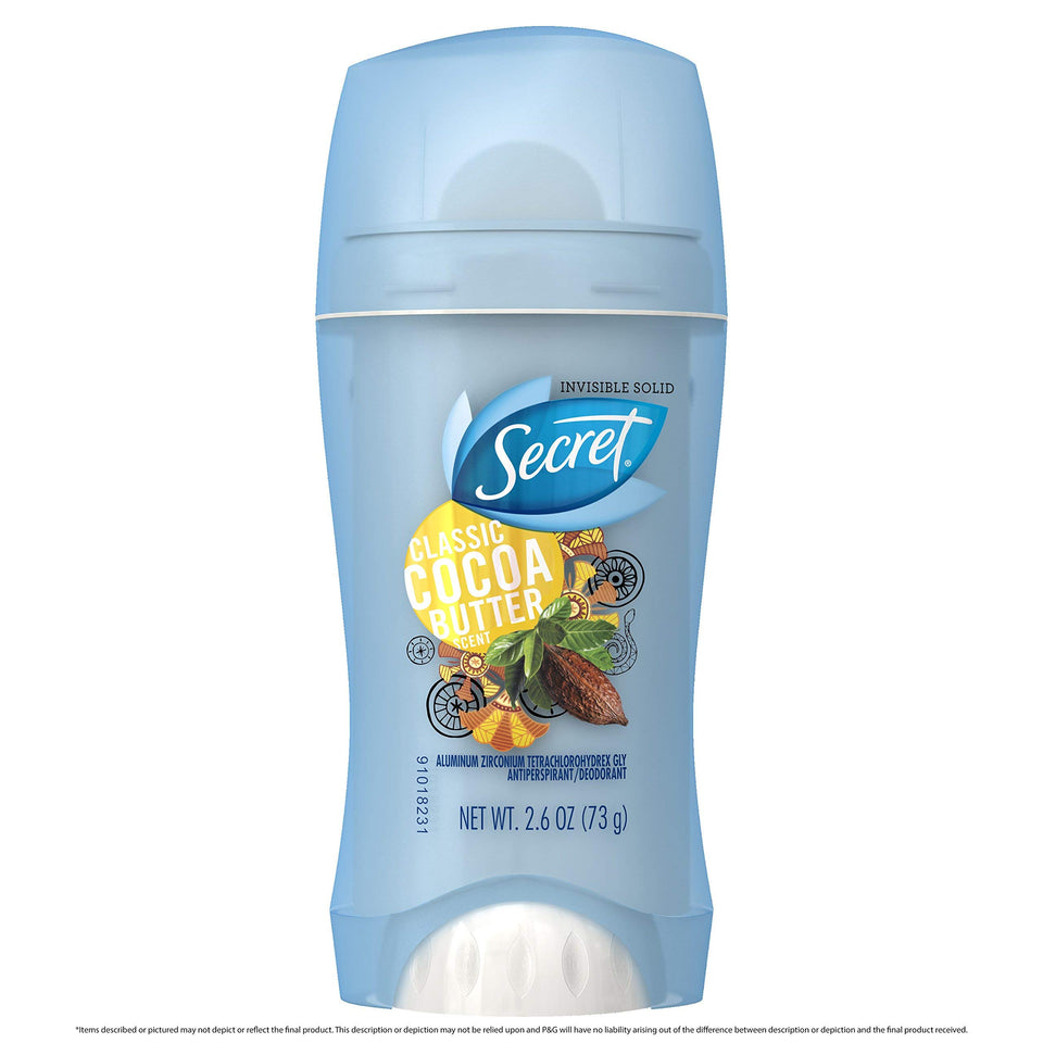 Secret Scent Expressions Classic Cocoa Butter invisible solid deodorant for all-day dryness and fragrance.