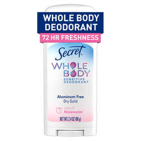 Secret whole body deodorant rosewater front view for everyday use and protection.