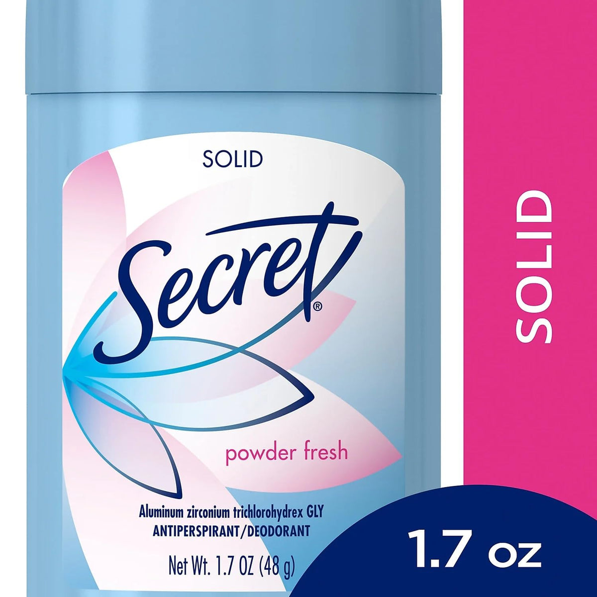 Secret Wide Solid Pwdr Fresh six-pack packaging conveys long-lasting daily protection
