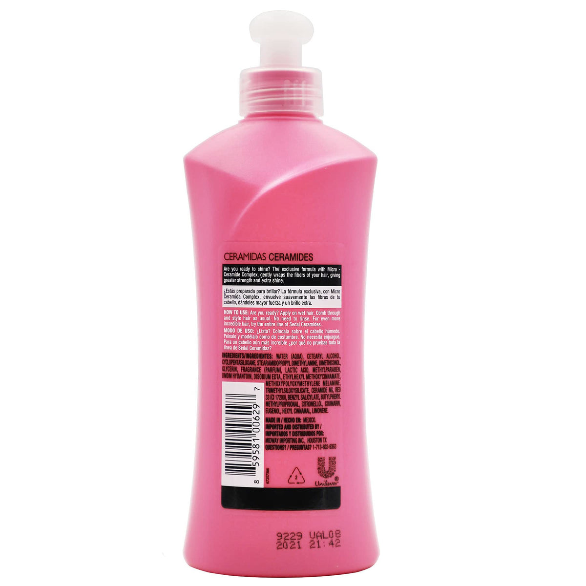 Sedal Co-Creations Ceramidas leave-in bottle shown with smooth, shiny hair results
