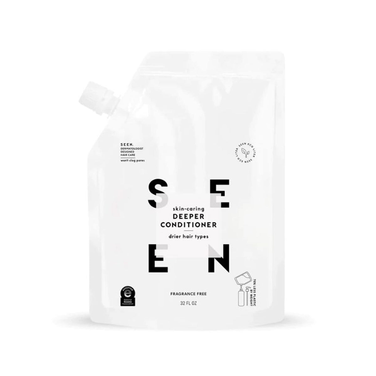 SEEN Deeper Conditioner bottle close-up highlighting fragrance-free formula for sensitive skin