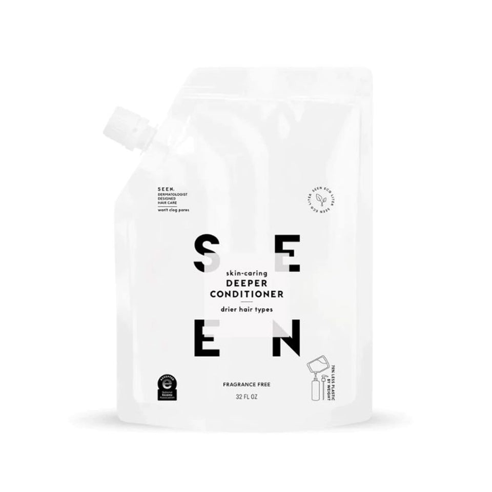 SEEN Deeper Conditioner bottle close-up highlighting fragrance-free formula for sensitive skin