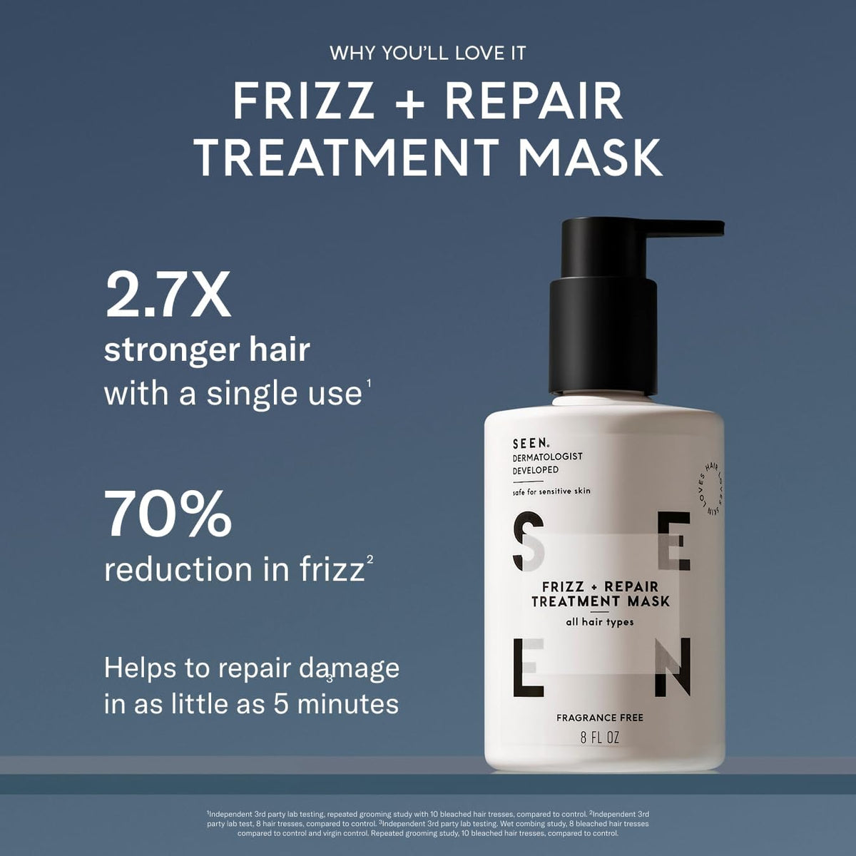 Applying SEEN Frizz + Repair Treatment Mask to hair for smoother texture.