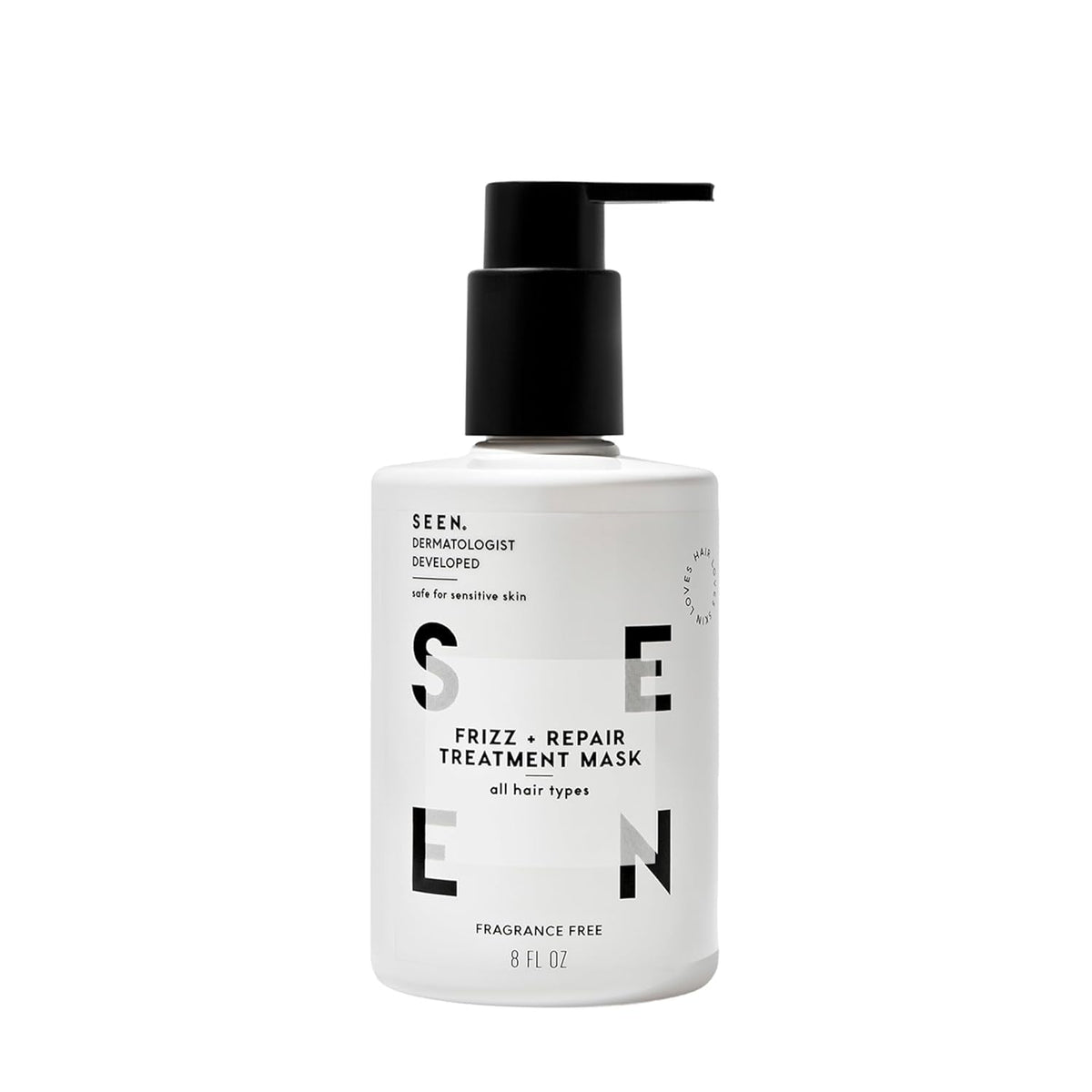 SEEN Frizz + Repair Treatment Mask bottle showing fragrance-free formula for frizz control.