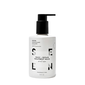 SEEN Frizz + Repair Treatment Mask bottle showing fragrance-free formula for frizz control.