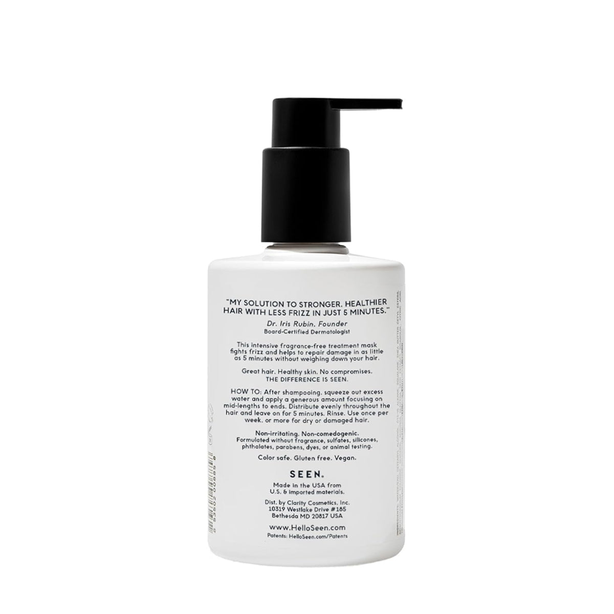 SEEN Frizz + Repair Treatment Mask packaging highlighting fragrance-free, color-safe care.