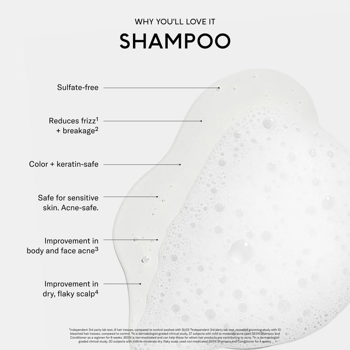 Close-up of SEEN Shampoo lather shows rich, gentle foam.