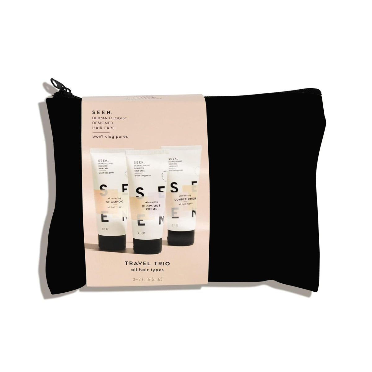 SEEN Travel Trio shampoo bottle showcasing frizz control and color-safe formula