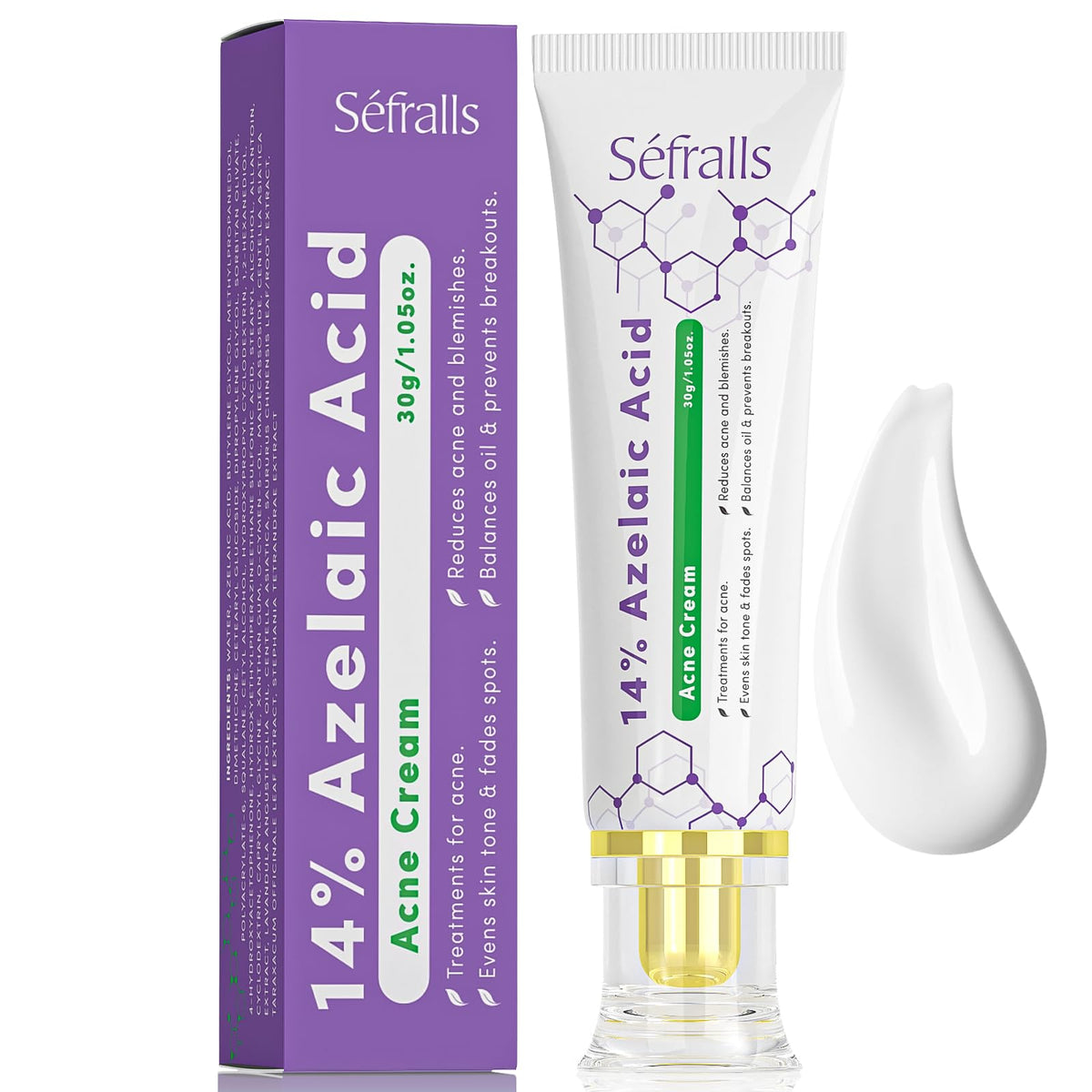 Sefralls Azelaic Acid Cream tube closeup highlighting the 14% formula for clearer skin.