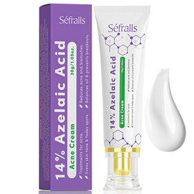 Sefralls Azelaic Acid Cream tube closeup highlighting the 14% formula for clearer skin.