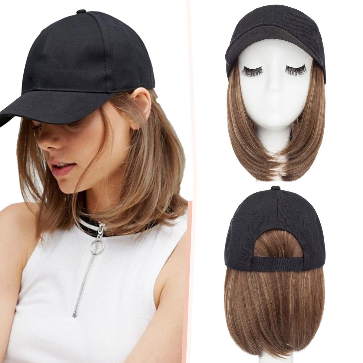 SEGO baseball cap with hair extensions in front view offering instant length