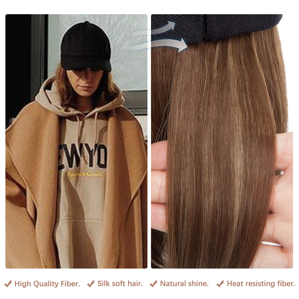 SEGO hat-wearer showcases 6-inch extensions on head for natural fullness