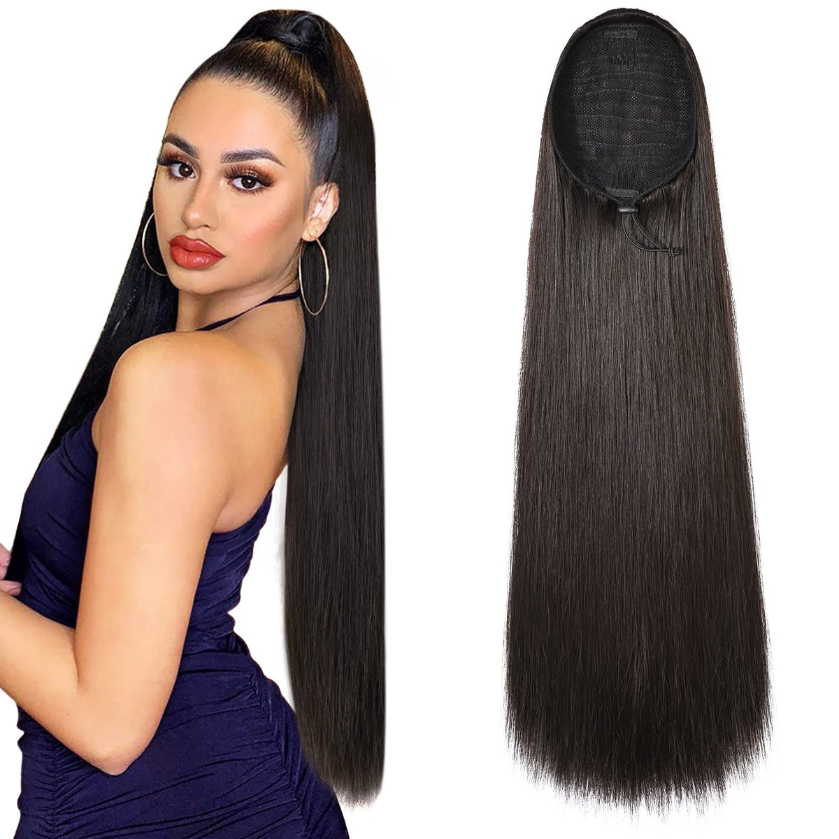 SEIKEA 28-inch ponytail extensions with drawstring for quick secure length.
