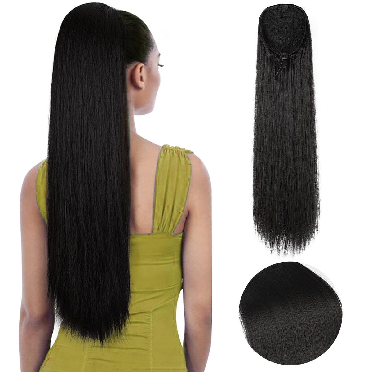 SEIKEA 28-inch ponytail extension in black with drawstring for quick, secure styling.