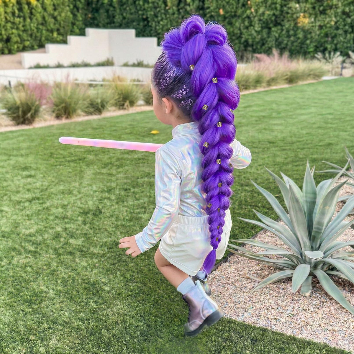 SEIKEA purple ponytail on a child model demonstrates easy kid-friendly styling