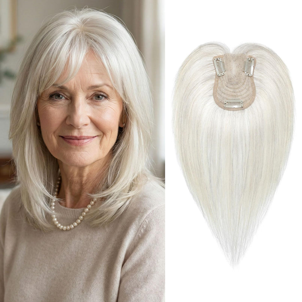 SEIKEA hair topper with wispy bangs showcasing lightweight 10-inch length for natural volume.