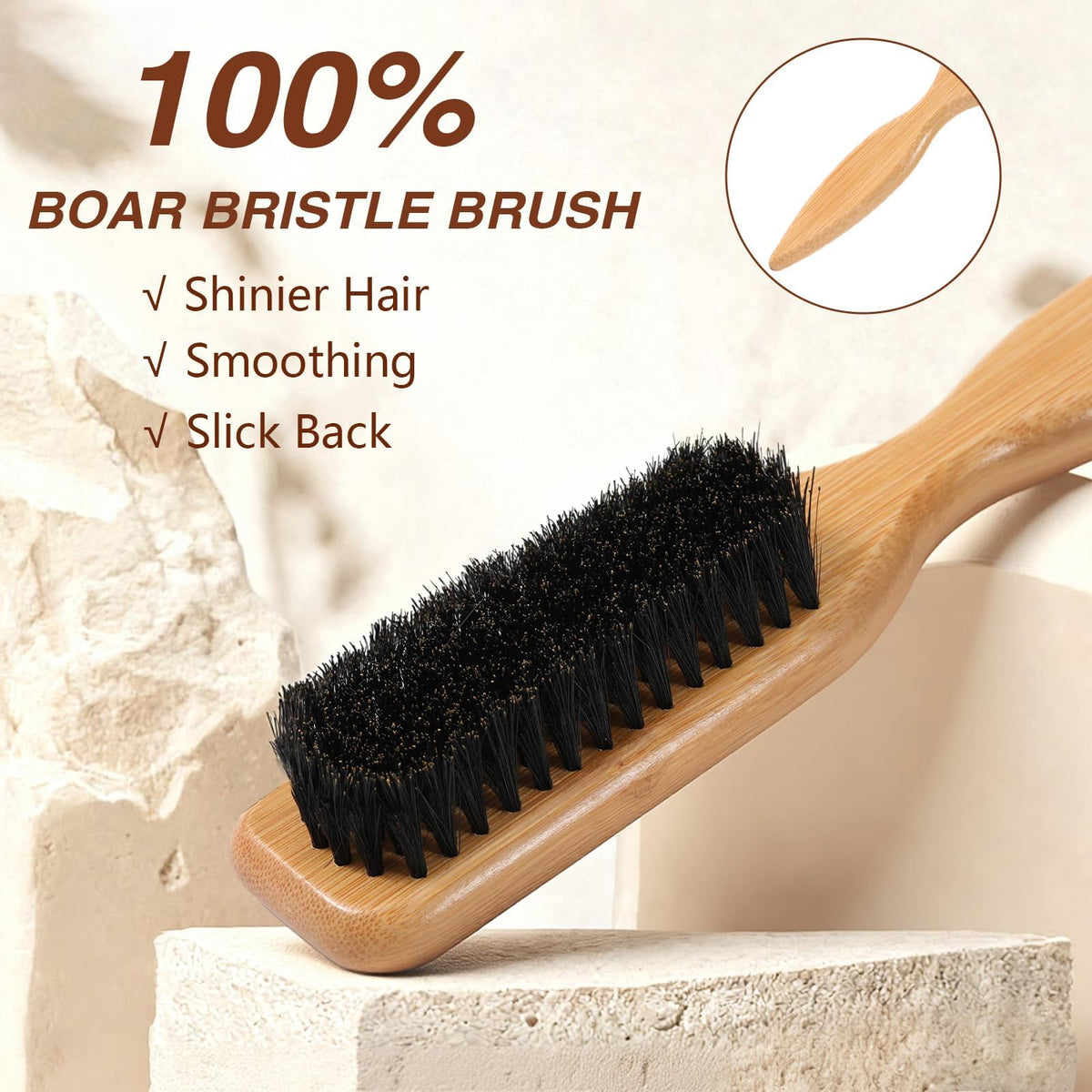 Seiolieliou boar bristle brush in use distributes oils for shine and smoother hair.
