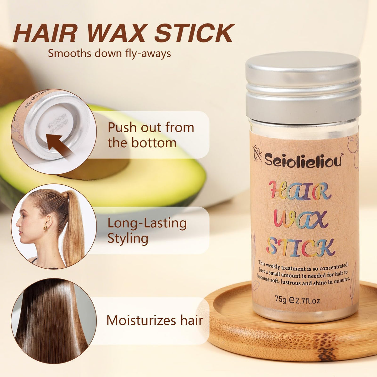 Seiolieliou wax stick close-up demonstrating strong matte hold for defined details.