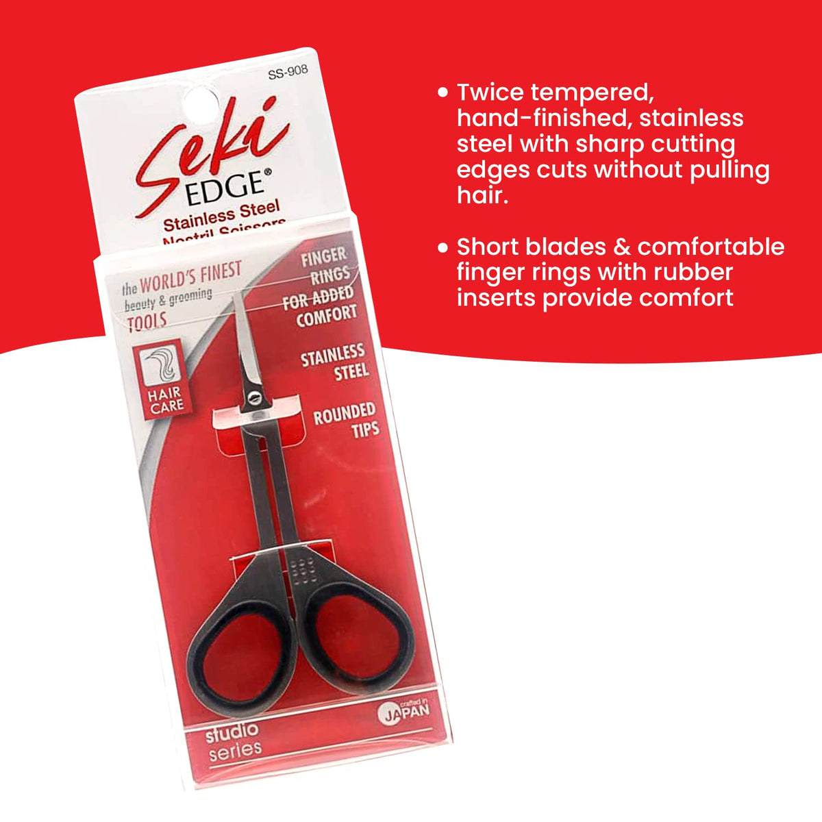 Seki Edge stainless steel nose hair scissors with rounded tip for gentle trimming.