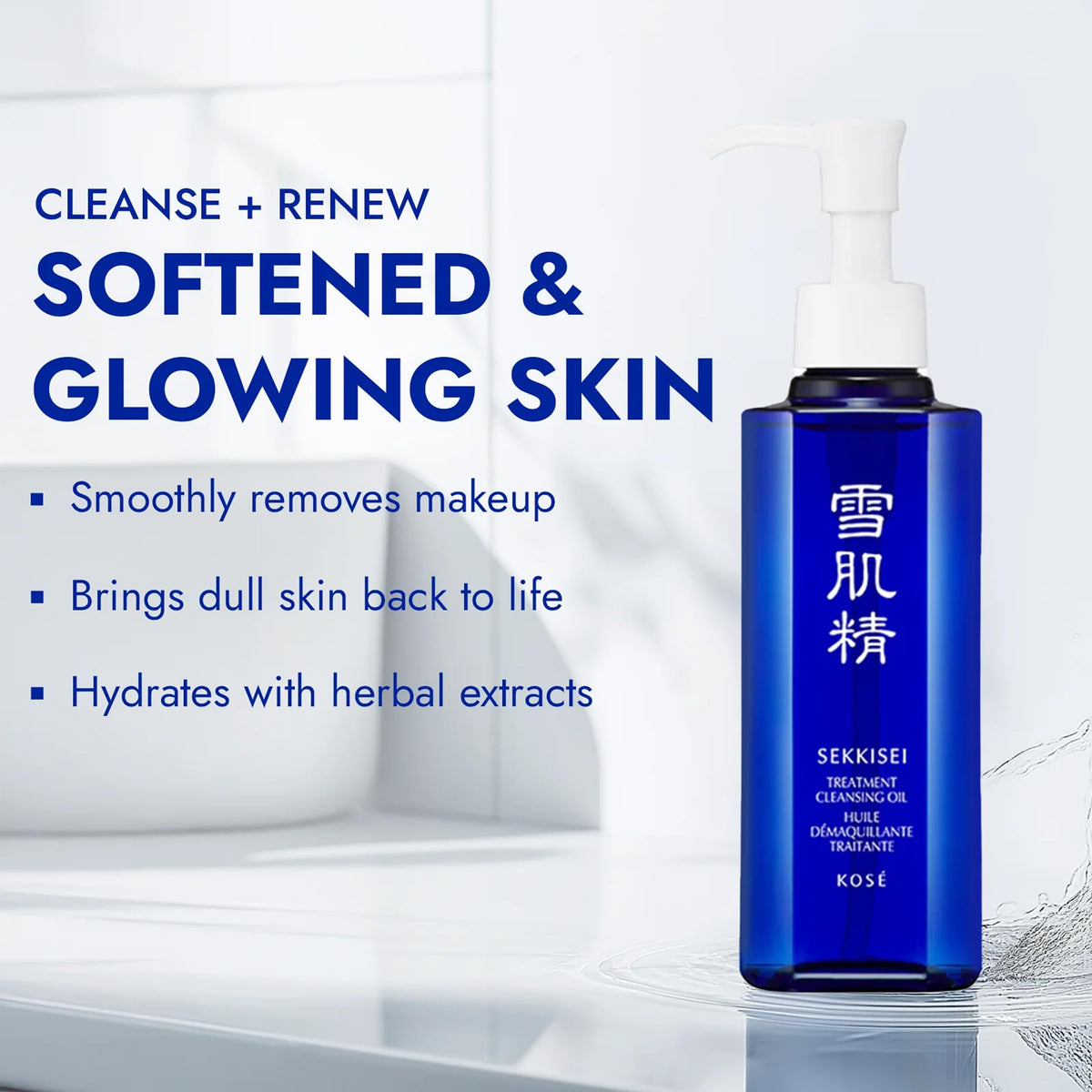 SEKKISEI Treatment Cleansing Oil bottle pump demonstrating easy application.