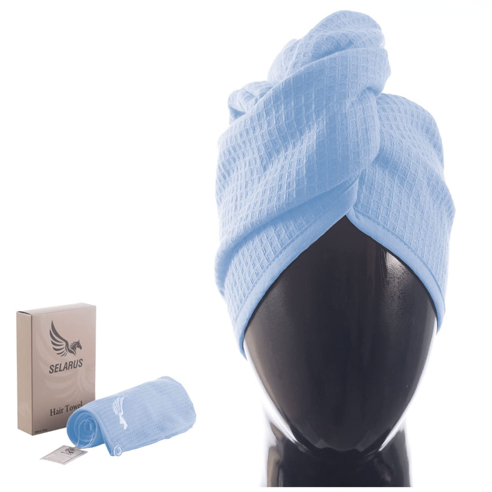 SELARUS 100 percent Turkish cotton hair towel wrap for rapid drying after shower.