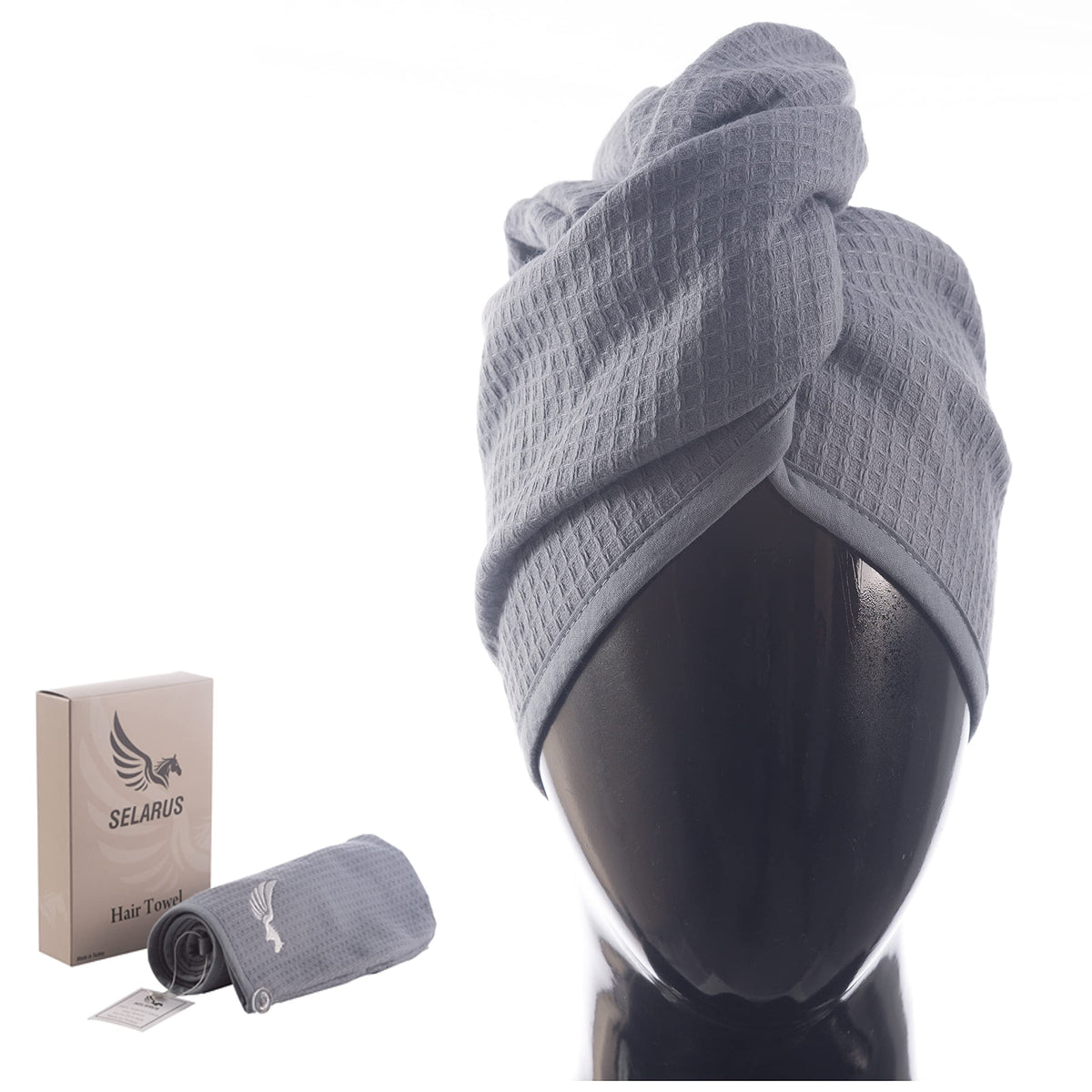 SELARUS hair towel wrap outer waffle design promotes quick drying.