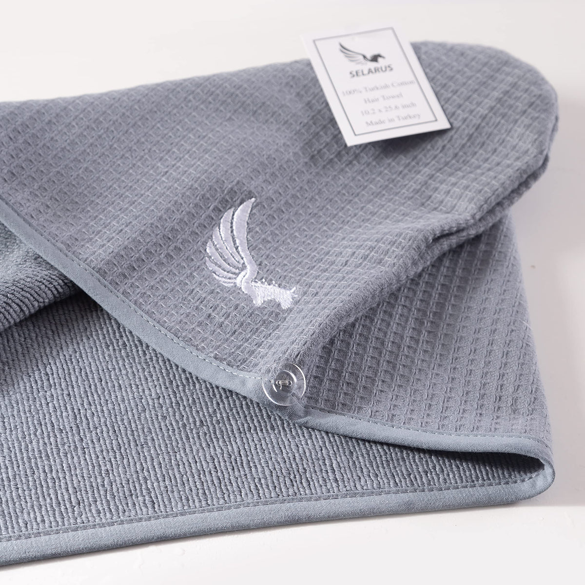 SELARUS hair towel wrap shown for travel and gym use.