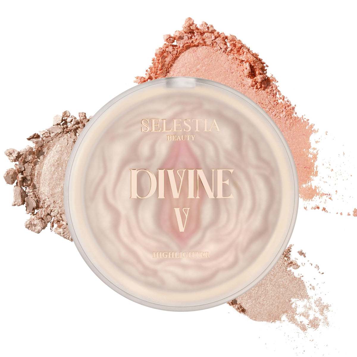 SELESTIA BEAUTY Divine V highlighter compact swatch for universal glow.
