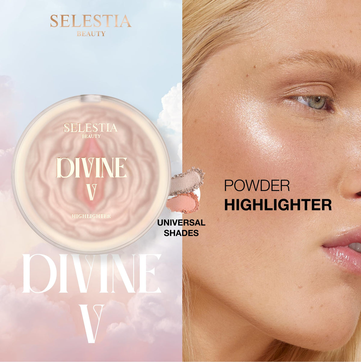 SELESTIA BEAUTY Divine V shimmer close-up showing ultra-fine powder.
