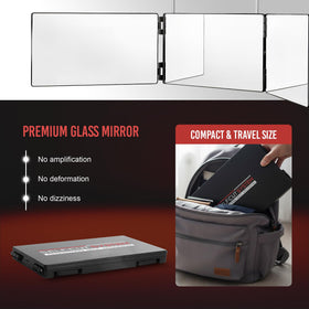 Self-Cut System portable tri-fold mirror ready for travel grooming.