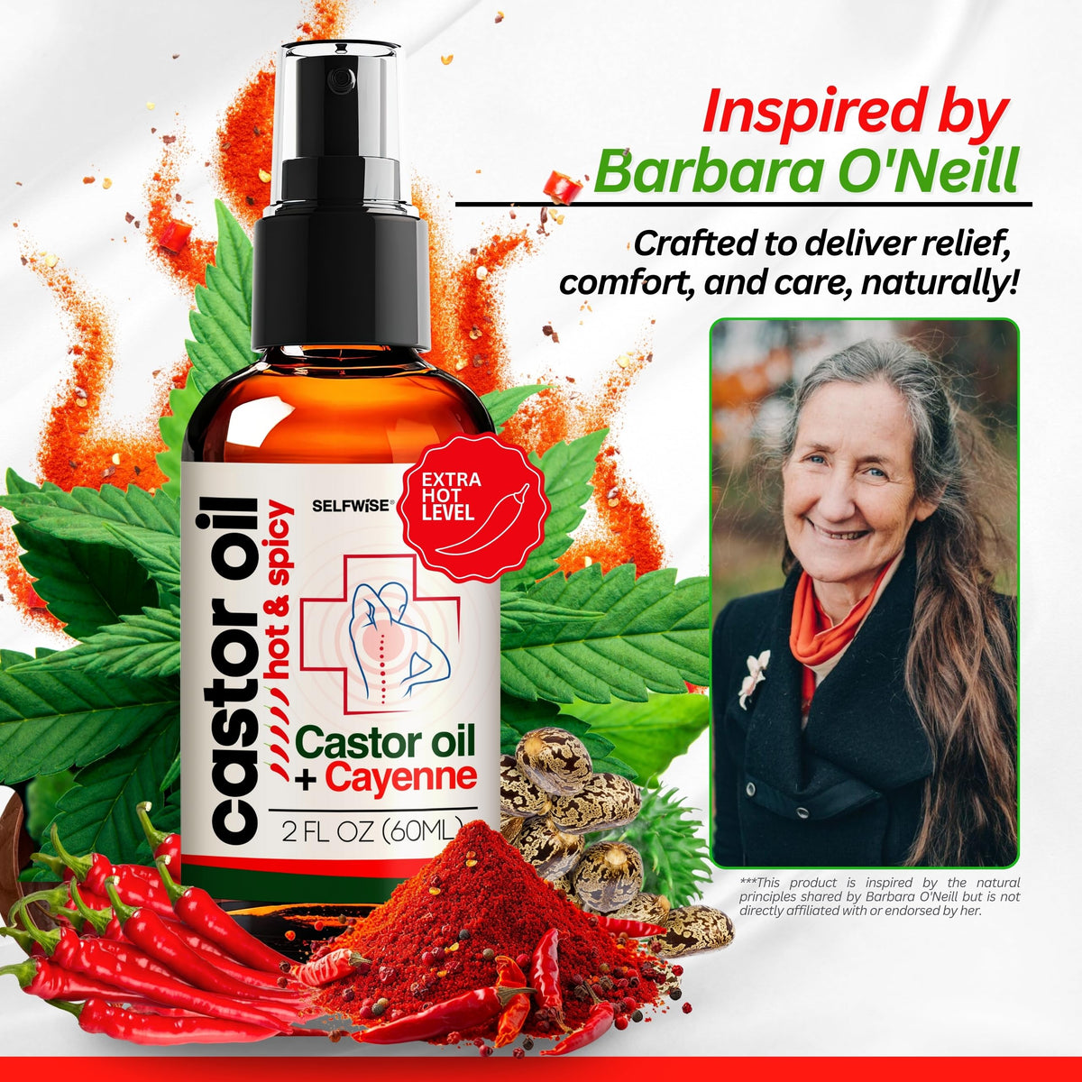 SELFWISE castor cayenne oil bottle pour enabling precise application.