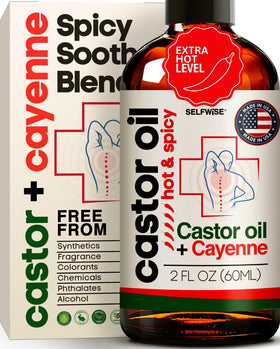 SELFWISE castor cayenne oil bottle ready for targeted warmth.
