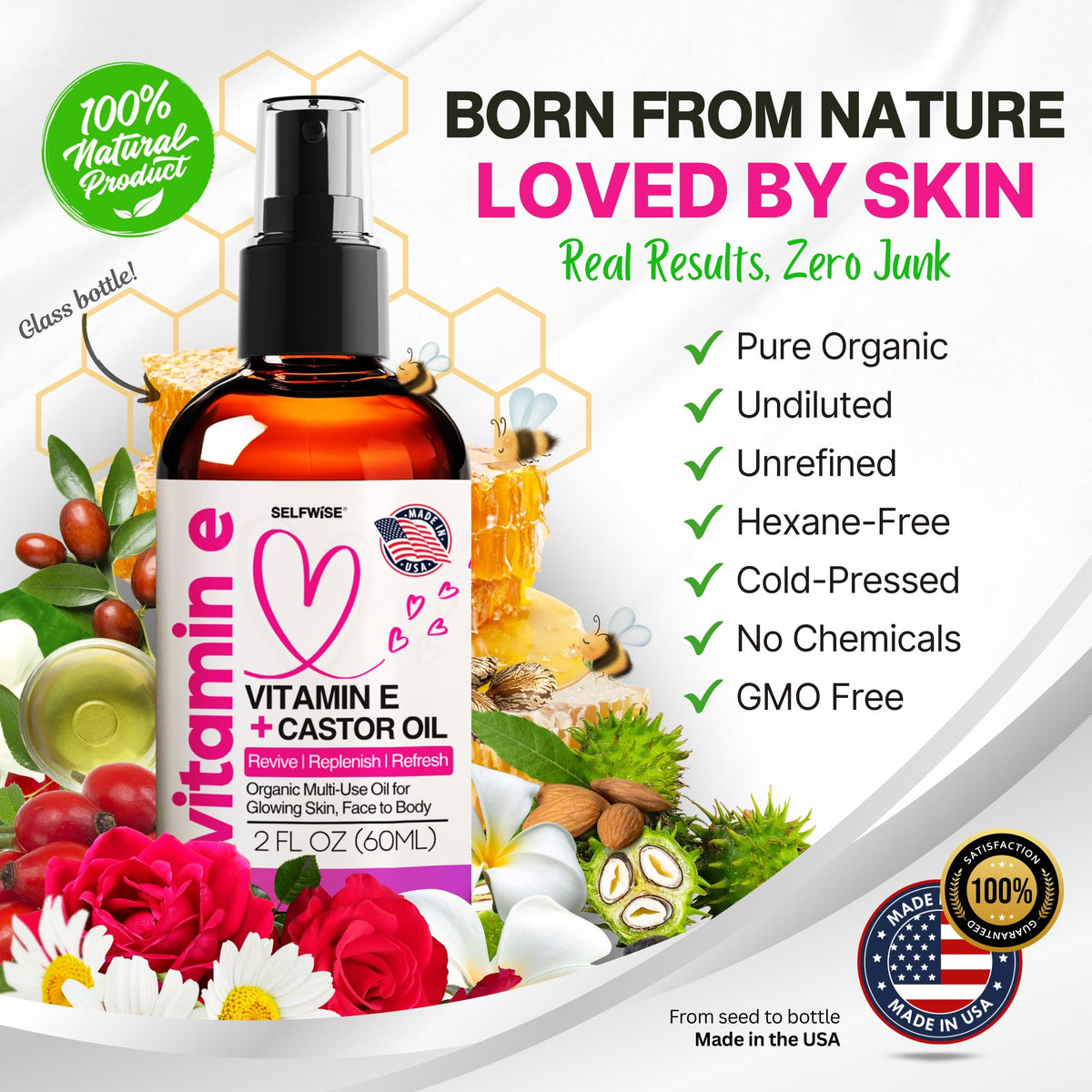 SelfWISE natural ingredients featuring rose, jasmine, chamomile for soothing skin.