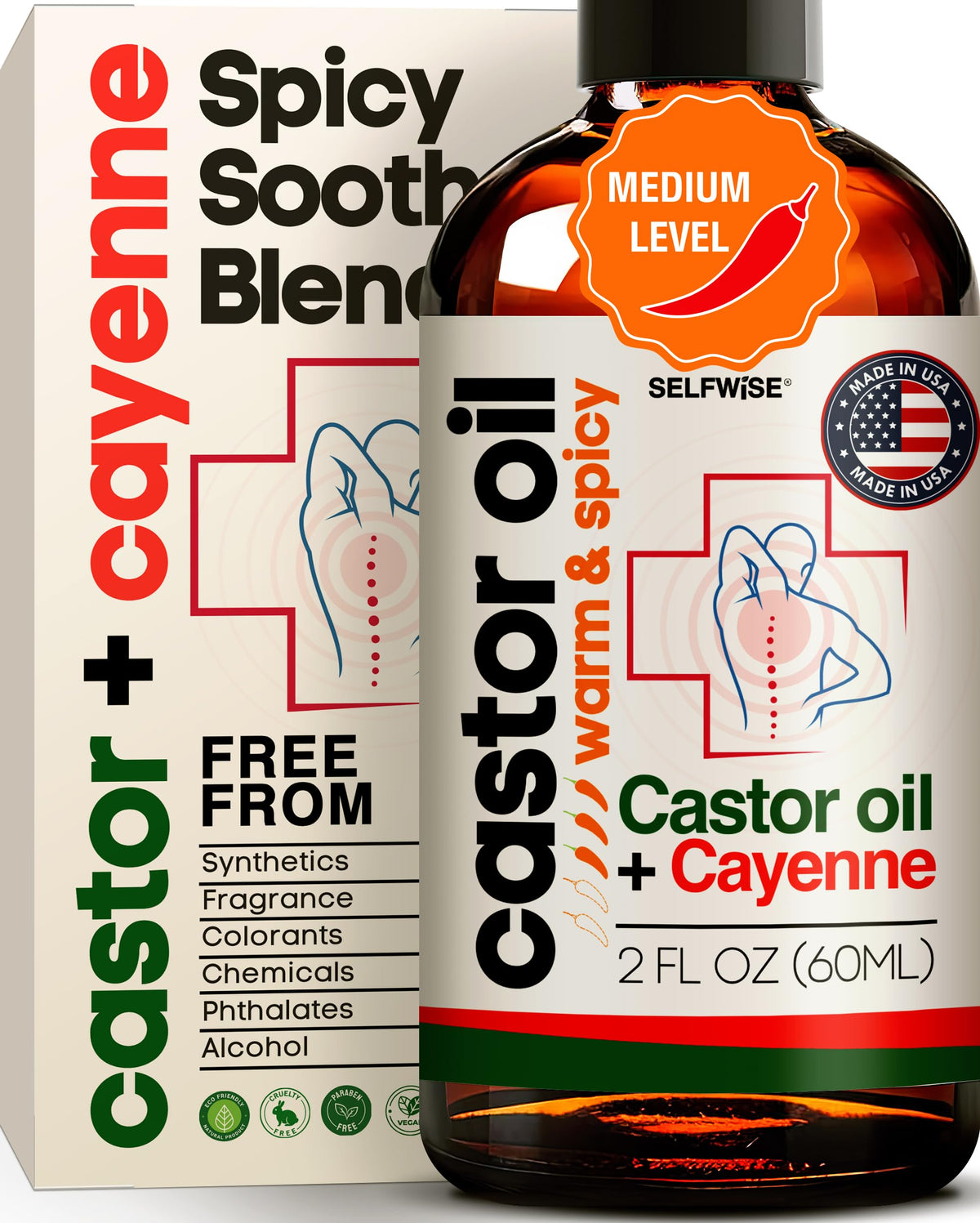 SELFWISE Organic Castor + Cayenne Oil bottle shows warming blend for joints