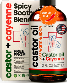 SELFWISE Organic Castor + Cayenne Oil bottle shows warming blend for joints