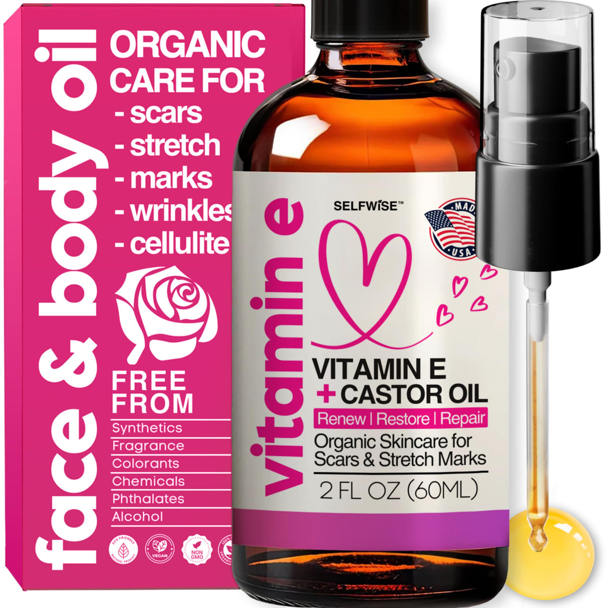 SelfWISE Organic Vitamin E Oil bottle pour for easy, hydrating skincare.