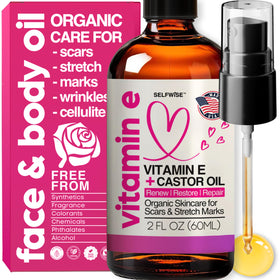 SelfWISE Organic Vitamin E Oil bottle pour for easy, hydrating skincare.