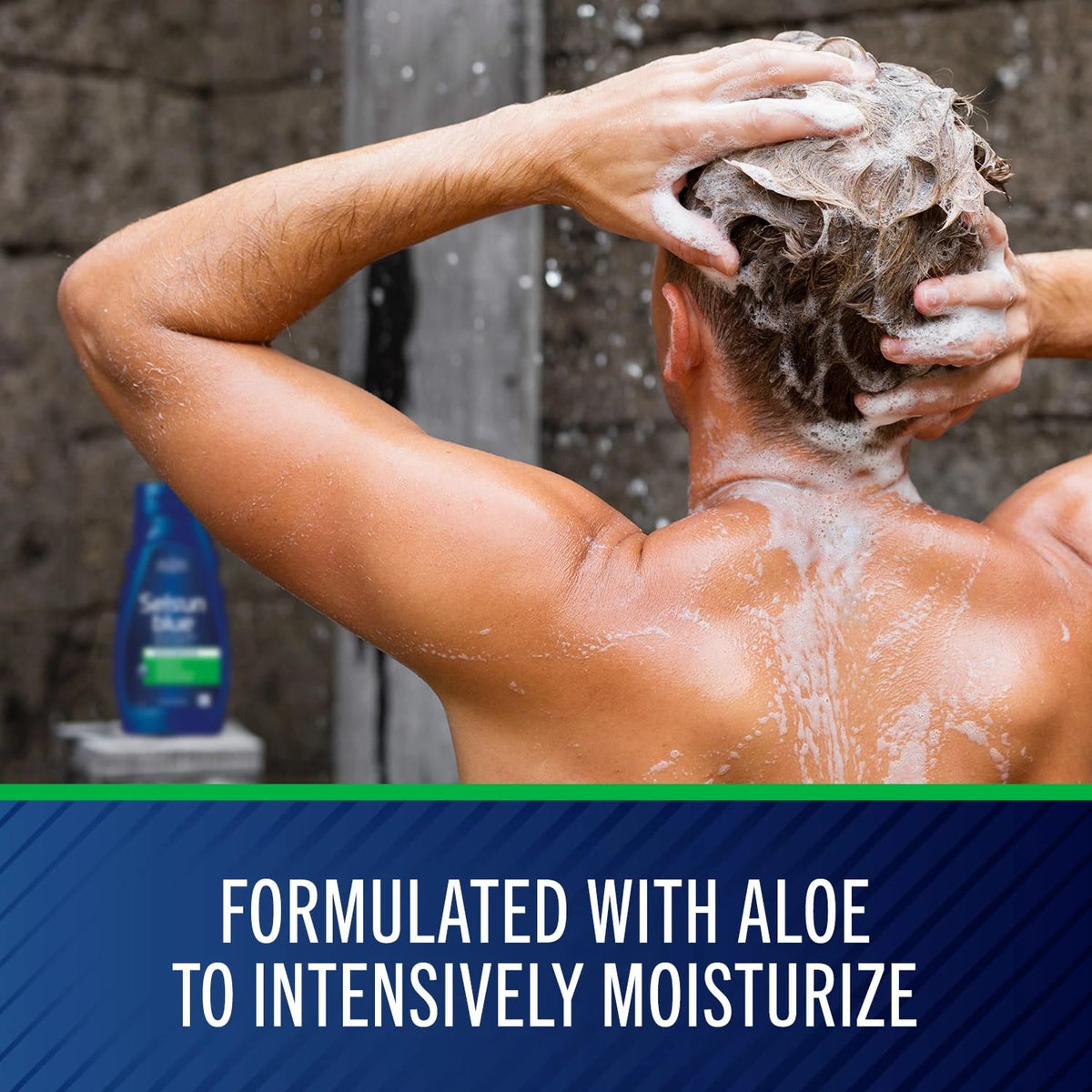 Selsun Blue label close-up featuring 1% selenium sulfide and aloe formula