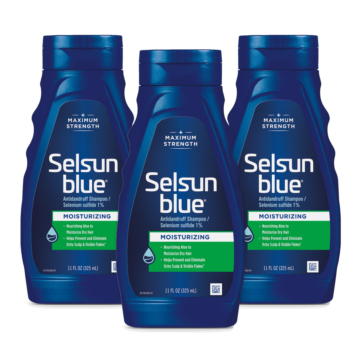 Selsun Blue moisturizing anti-dandruff shampoo bottle with aloe for scalp comfort