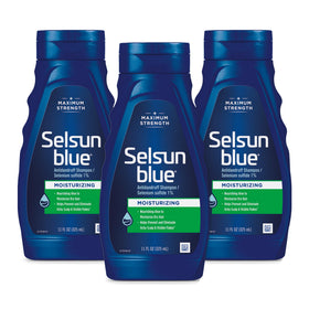 Selsun Blue moisturizing anti-dandruff shampoo bottle with aloe for scalp comfort