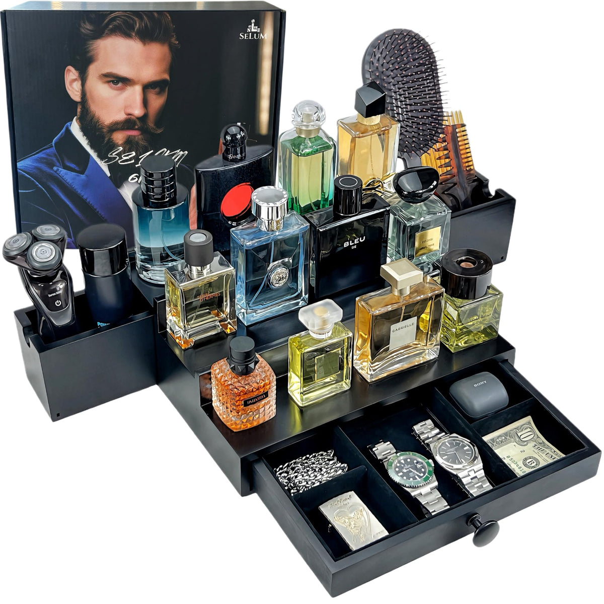 SeLuM wooden Cologne Organizer on display with a neat three-tier front view.