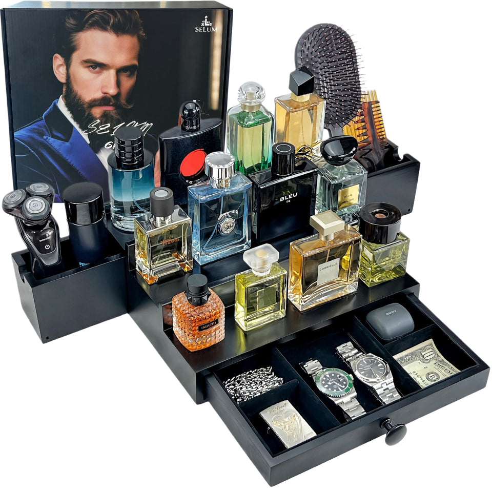 SeLuM wooden Cologne Organizer on display with a neat three-tier front view.