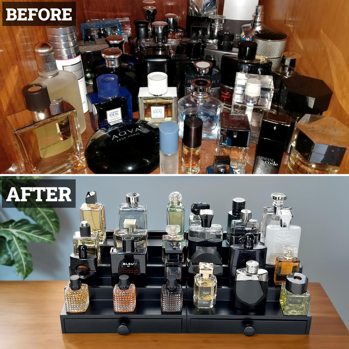 SeLuM black-finish organizer adds refined style to nightstand.