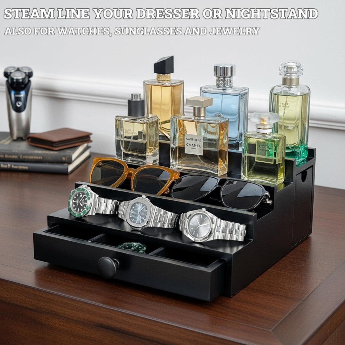 SeLuM wooden organizer on dresser creates clutter-free vanity.