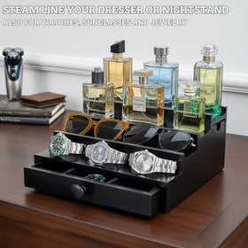 SeLuM wooden organizer on dresser creates clutter-free vanity.