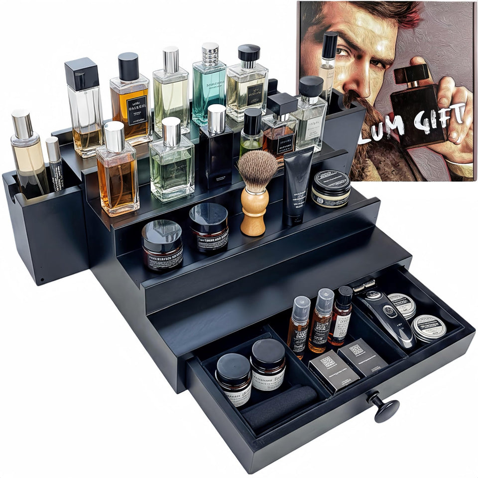 SeLuM 4-tier wooden organizer front view with easy bottle access.