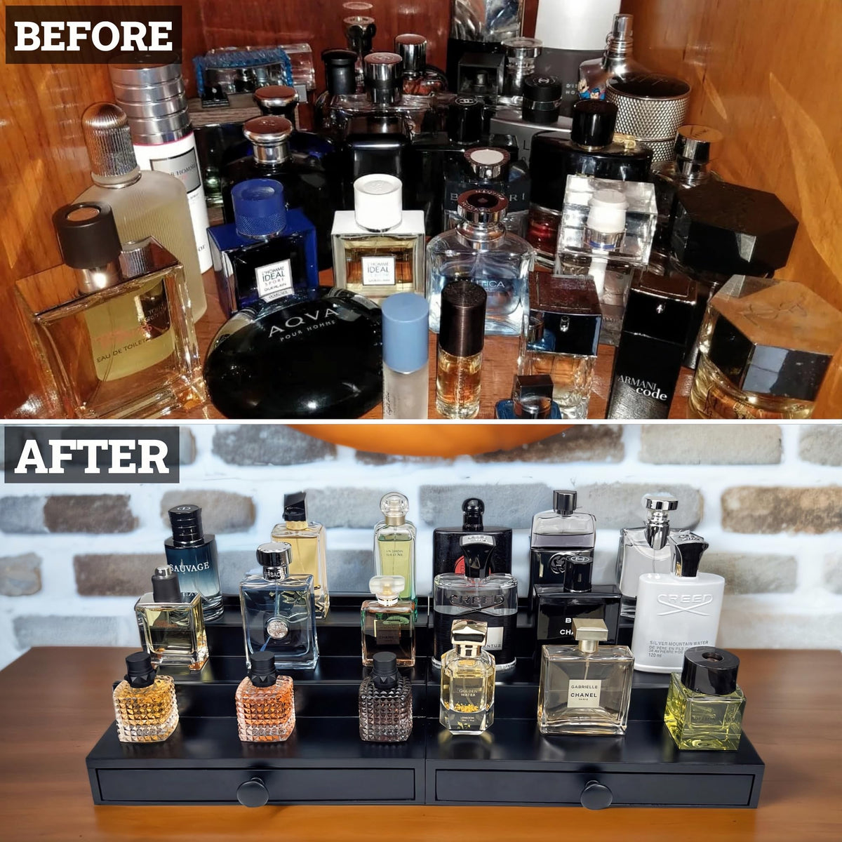 Clutter-free shelf helps you find scents faster and easier.